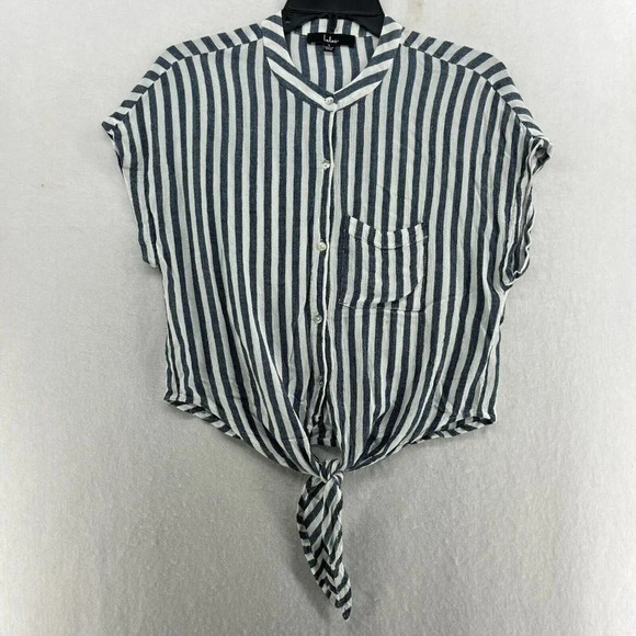 Lulus Blouse Women's S Blue White Stripes Button Up Collared Knot Hem Cropped - Picture 1 of 10